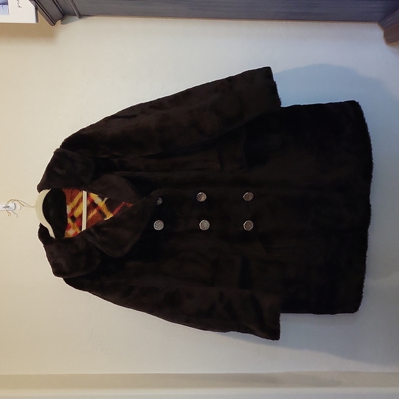 Vintage Carol Brent Faux Fur Pea Coat Gold Buttons Funky Printed Lining Size 2X - Picture 7 of 14